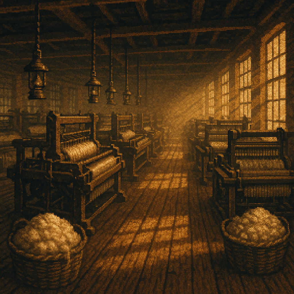 A turn-of-the-century textile mill at dusk: wooden looms, baskets of raw asbestos fiber, oil lamps casting amber light through a haze of airborne dust.