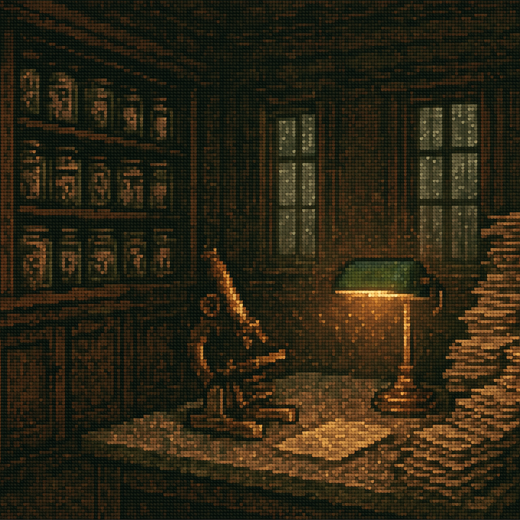 A 1930s industrial pathology lab at night: brass microscope under a green banker's lamp, shelves of glass specimen jars, stacks of unread medical journals.
