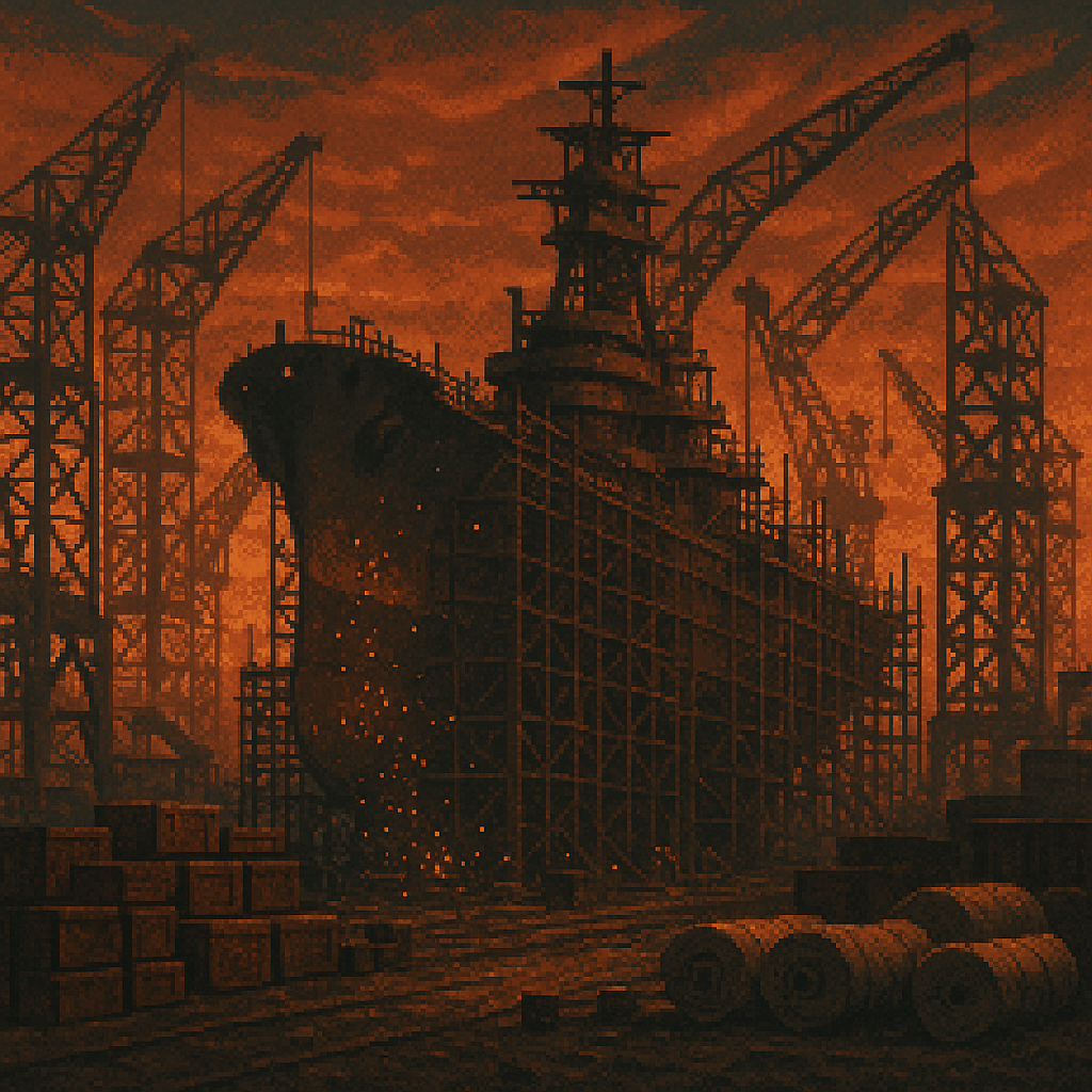 A WWII Navy shipyard at dusk: a battleship in drydock, surrounded by towering cranes and scaffolding, with sparks falling from welders working below.