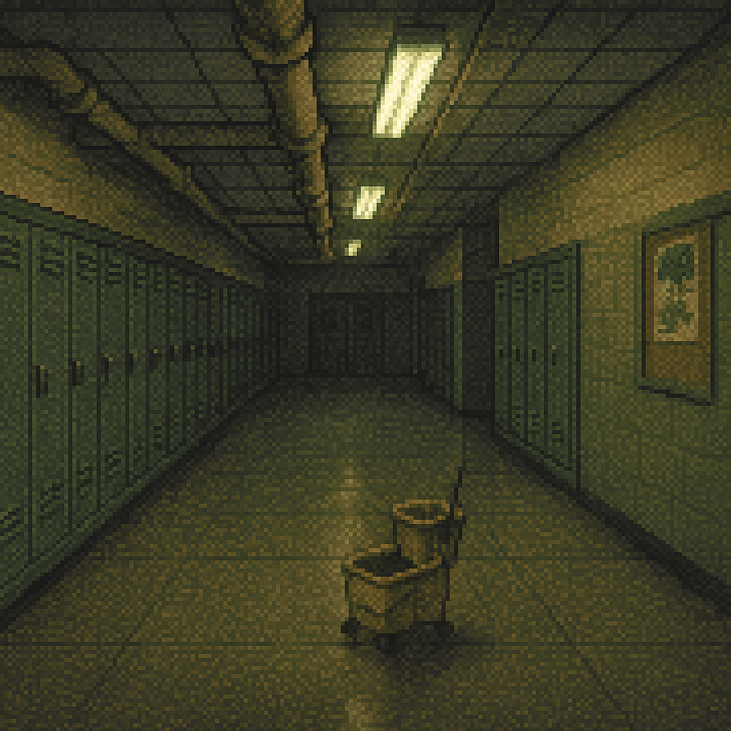 An empty 1970s school hallway under flickering fluorescents: green metal lockers, exposed pipe insulation overhead, an abandoned mop bucket.
