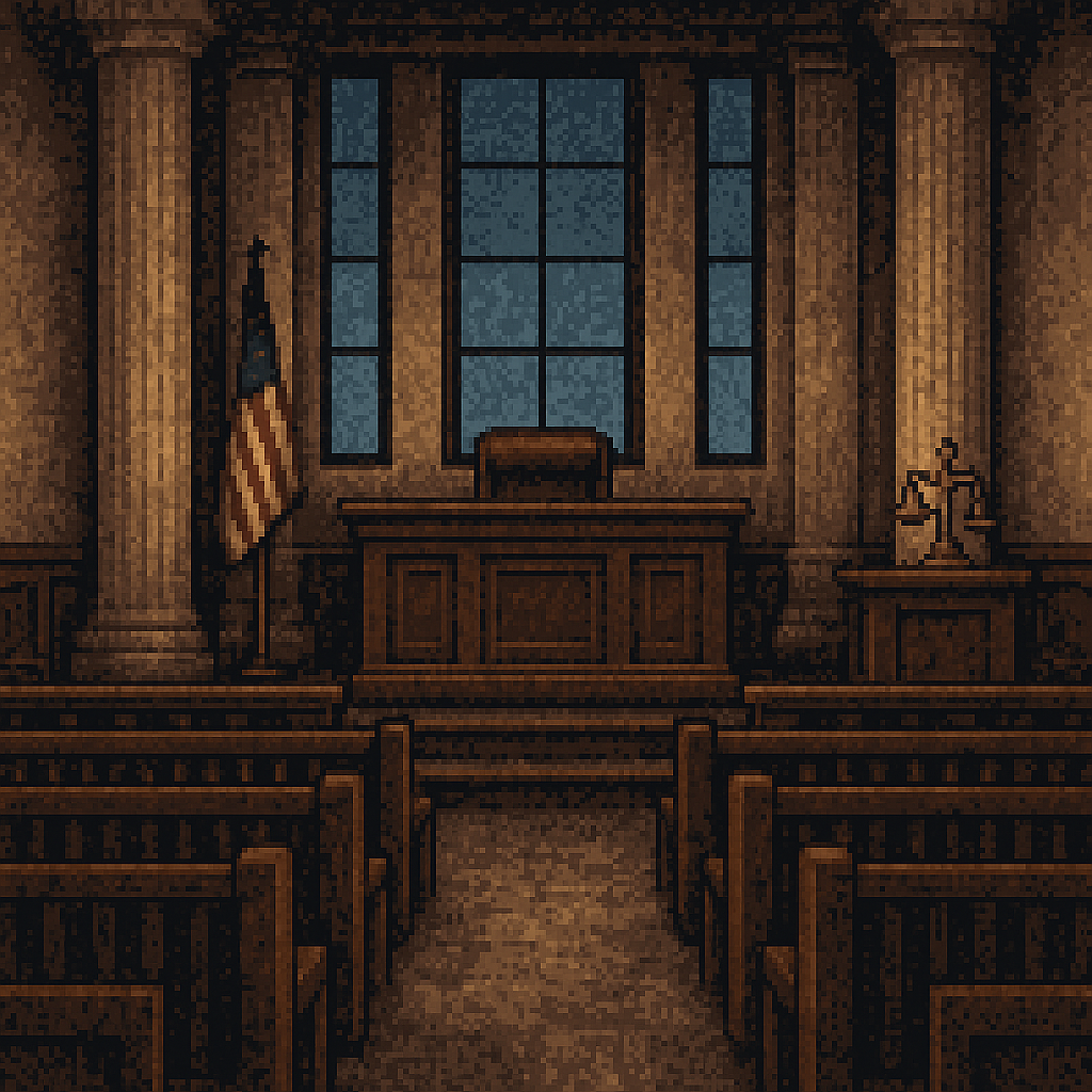 An empty federal courtroom at twilight: tall columned windows, the bench in deep shadow, a small statue of Lady Justice on the side desk.