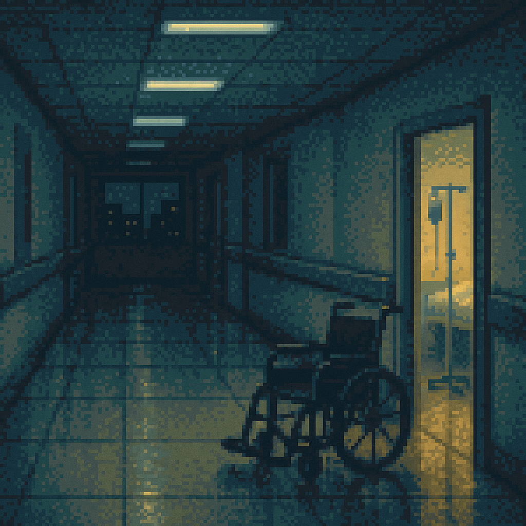 A modern hospital corridor at night: empty wheelchair under cold fluorescent light, an IV pole glowing in the warm light of an open patient room.