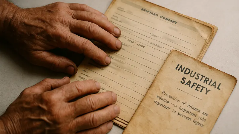 Weathered hands examine aged 1960s shipyard worker records and industrial documentation