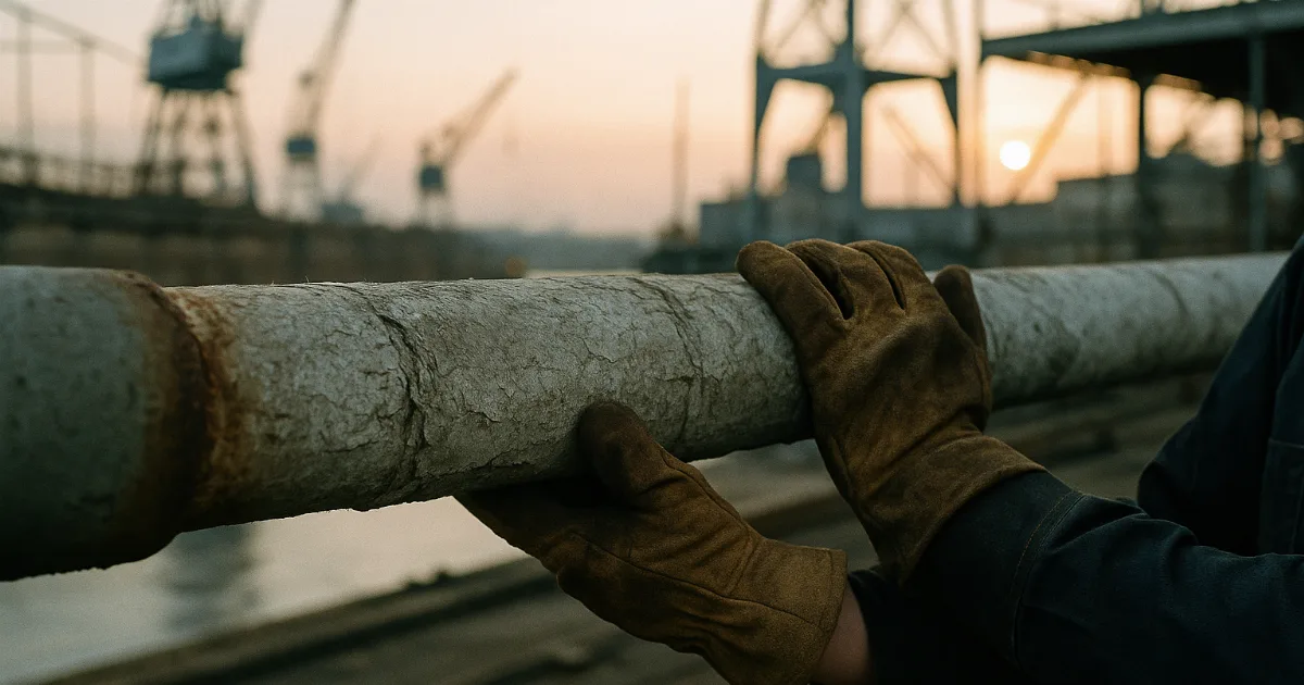 Worker's gloved hands grip asbestos-wrapped steam pipe at dawn in historic shipyard