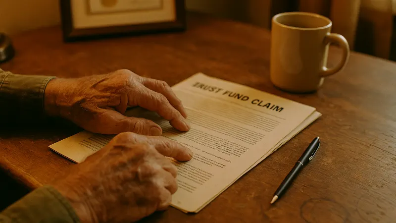 Veteran's age-worn hands rest on trust fund claim documents during consultation at attorney's desk