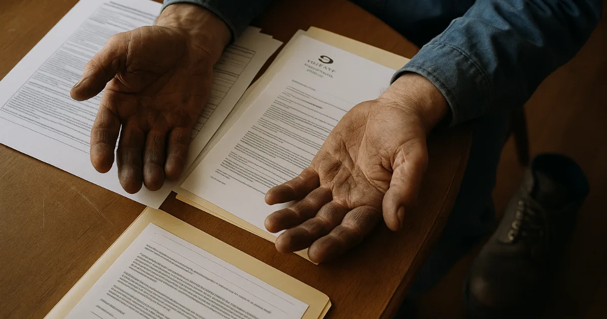 Weathered pipefitter's hands rest on table beside VA disability forms and work boots