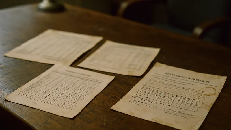 Settlement comparison documents and manufacturer liability records arranged on worn attorney's desk.