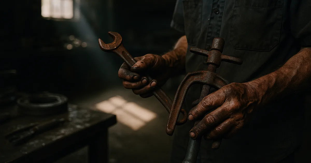 Welder in silhouette at dawn on shipyard grate before Navy destroyer hull.