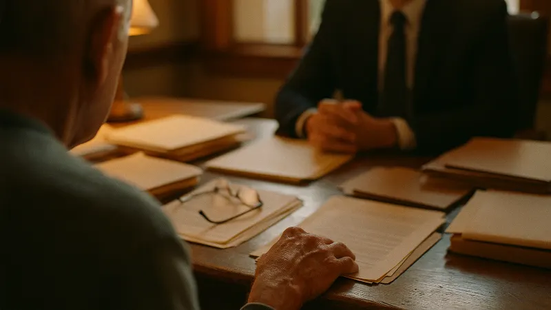 Patient's hand rests on trust fund settlement letter under warm desk lamp, symbolizing accessible legal and financial support