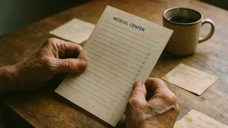 Weathered hands review printed medical criteria on a worn wooden table by window light