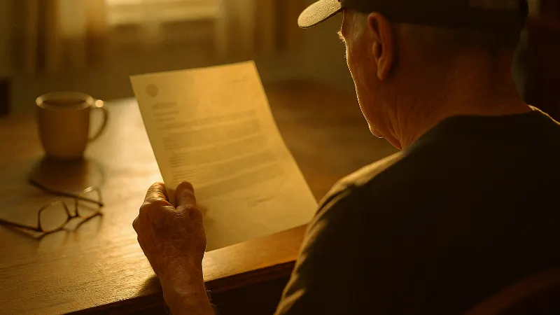Veteran's hand holding medical letter at morning-lit study table, intimate moment of diagnosis