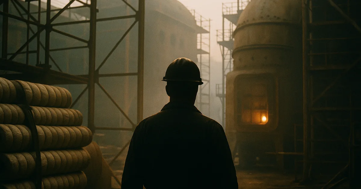Shipyard worker silhouetted among industrial pipe insulation and boiler structures at dawn