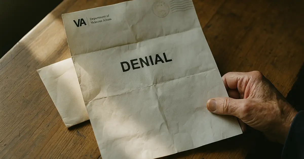 Weathered VA denial letter on worn wooden table, partial elderly hand visible, window light casting shadows across paper