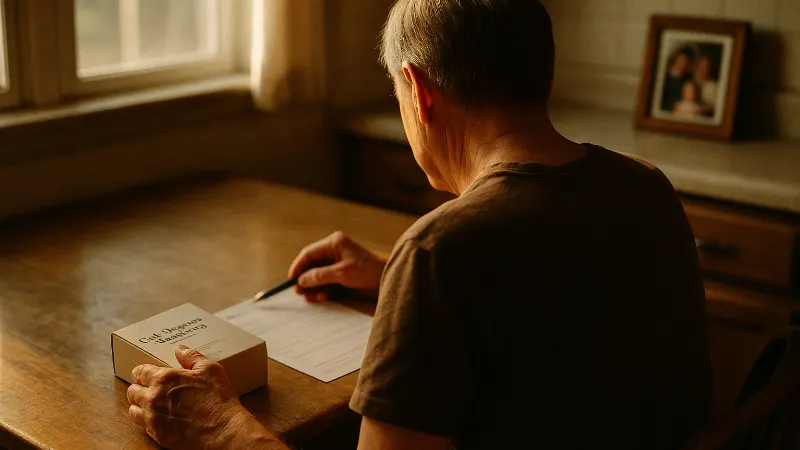 Person from behind examines early-detection screening form and blood draw kit at worn kitchen table in warm afternoon light