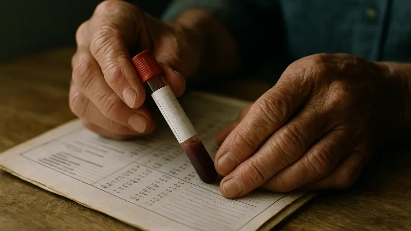 Weathered hands hold blood vial and laboratory documentation in soft clinical light, suggesting early detection breakthrough