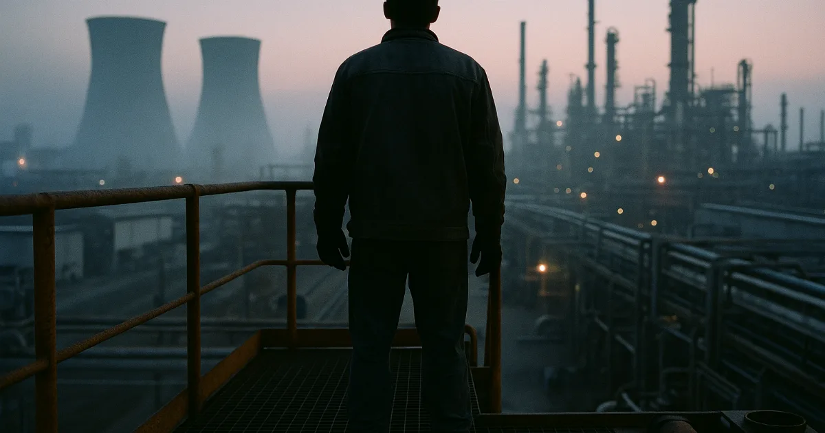 Silhouetted worker in safety boots overlooks vast dawn-lit petrochemical refinery complex
