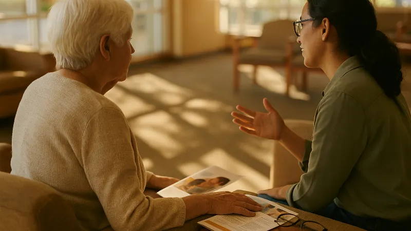 Patient's hands hold pen over medical notes on sunlit consultation table