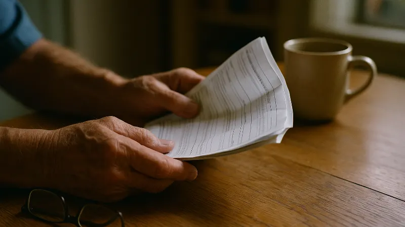 Aging hands hold medical documents on weathered kitchen table