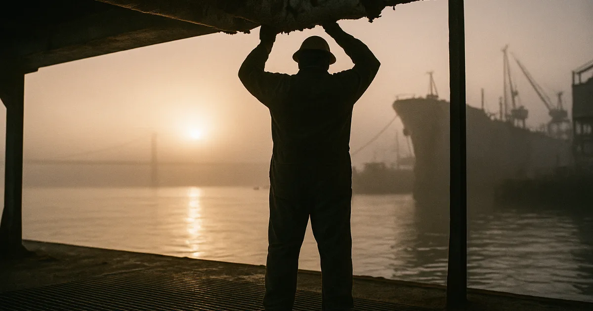 Silhouetted worker in dawn light overlooks San Francisco Bay shipyard