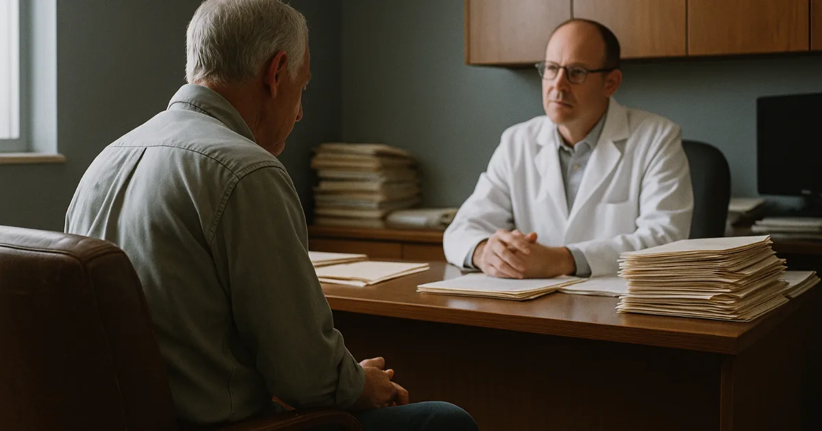 Older worker viewed from behind walking through bright hospital corridor toward specialized care