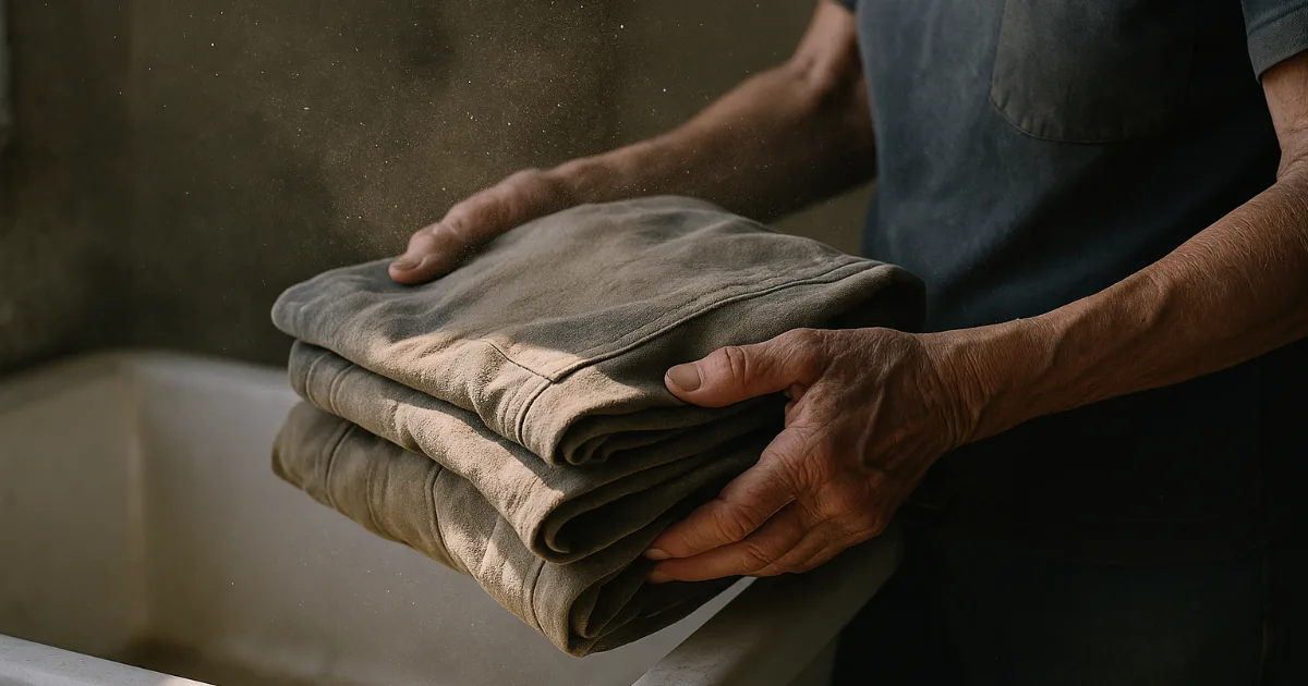 Weathered hands hold dust-covered work clothes in morning laundry light