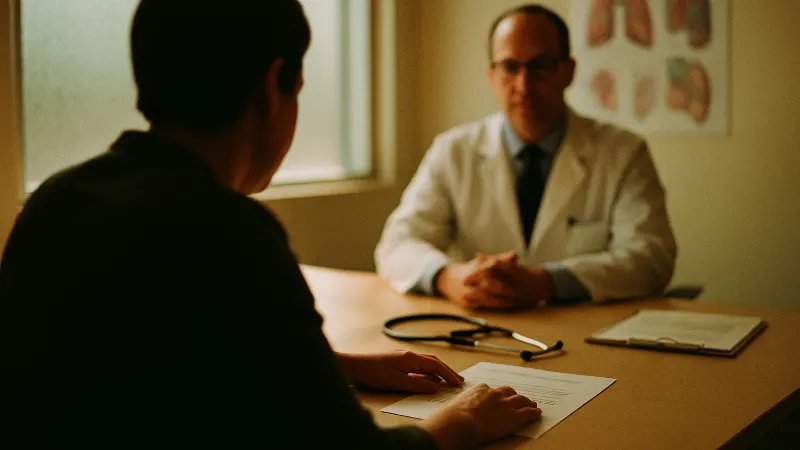 Patient hands on consultation desk reviewing treatment protocol, oncologist softly focused in background, warm-lit clinical