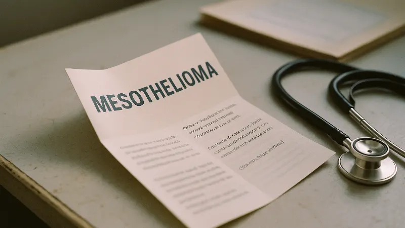 Partially open mesothelioma pamphlet on worn clinical desk beside stethoscope and chart