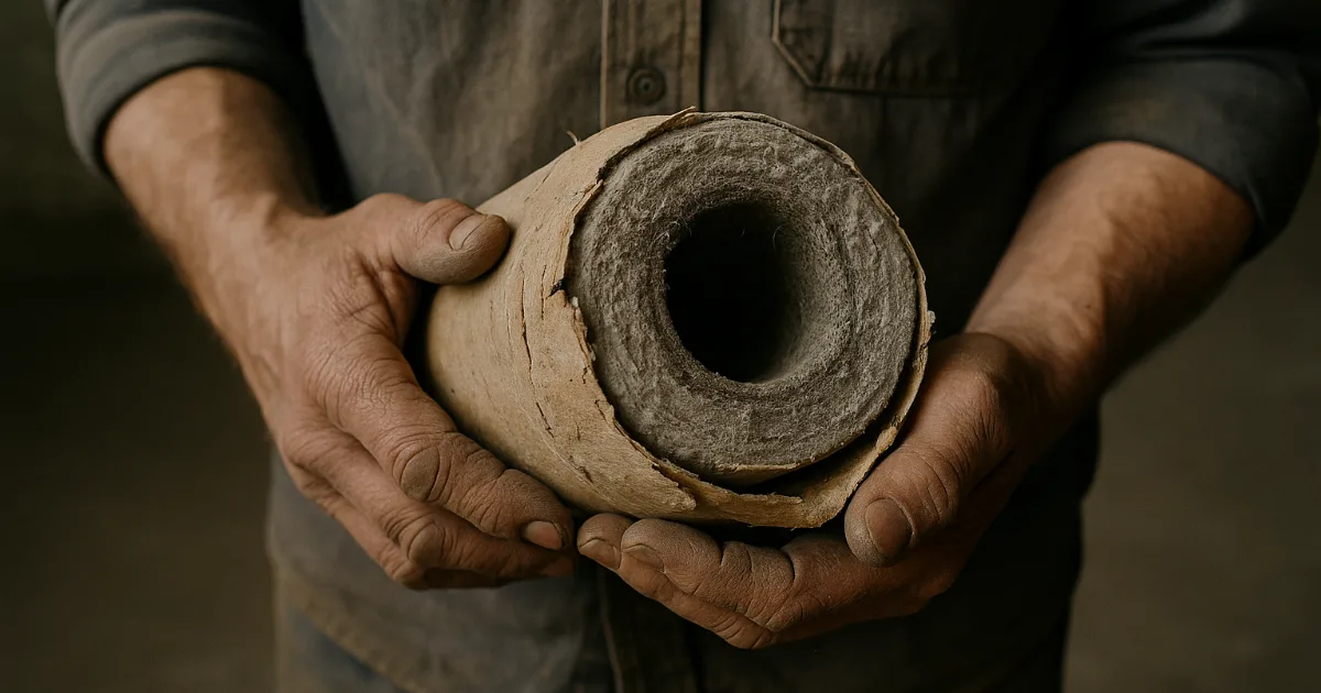 Worker's hands holding crumbling asbestos insulation roll, warehouse light, industrial texture