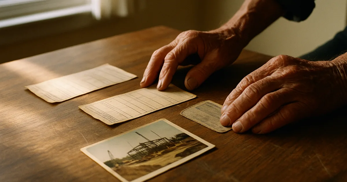Weathered hands arrange faded 1970s pay stubs and union card on wooden table in natural window light