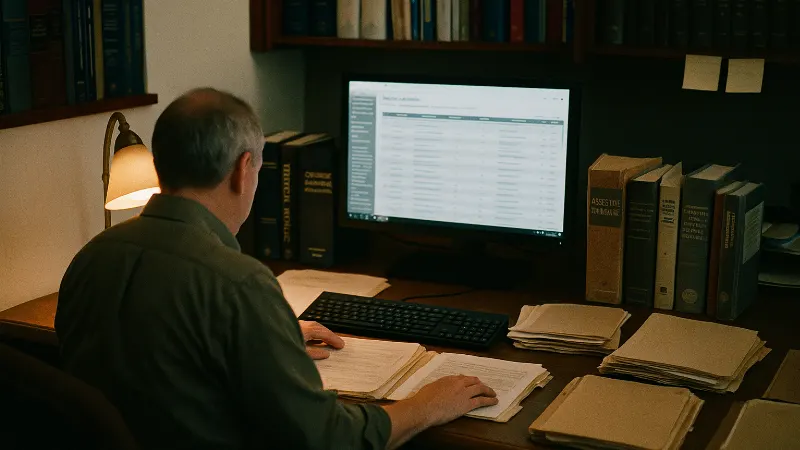 Occupational historian consults product database surrounded by asbestos reference materials