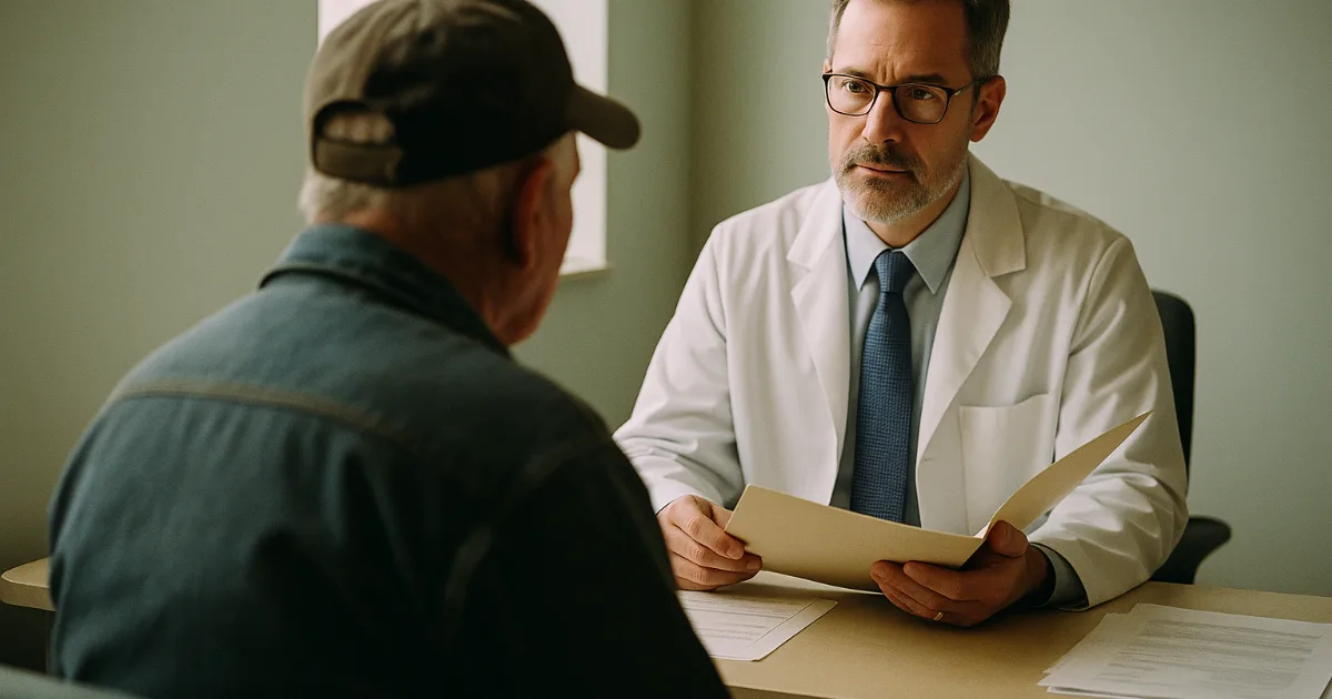 Retired worker seated across from oncologist in consultation room, receiving immunotherapy treatment news