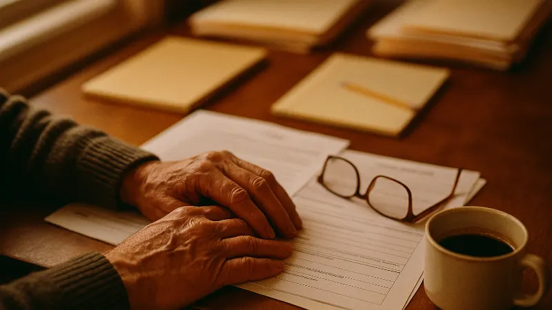 Weathered hands of retired worker reviewing trust fund claim documents at home desk