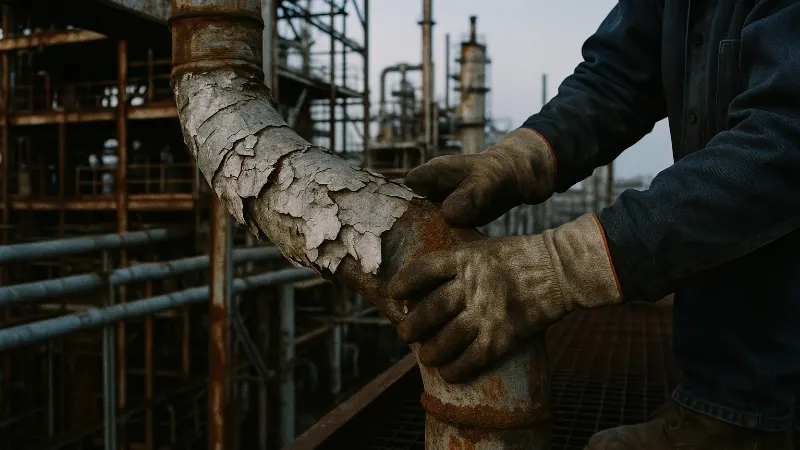 Pipe fitter's hands and work boot near aged asbestos-wrapped pipes at Illinois refinery at dawn