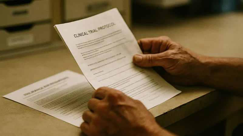 Patient's hands holding clinical trial documents on treatment center counter, warm institutional lighting