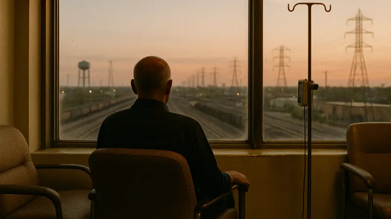 Man silhouetted at clinical trial center window overlooking Illinois industrial landscape, golden-hour light, treatment