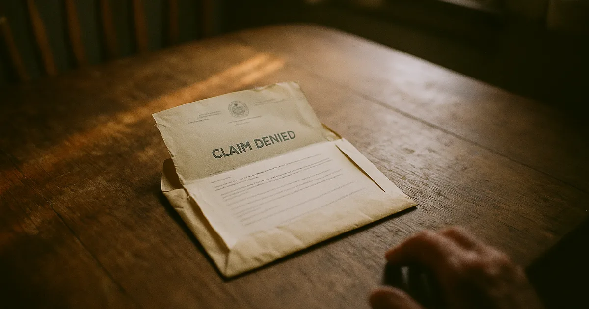 Rejection letter on worn kitchen table, elderly hand reaching, morning light, no readable details