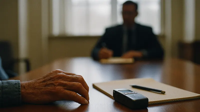 Patient's weathered hand at deposition table with recorder and attorney silhouette, mesothelioma testimony documentation