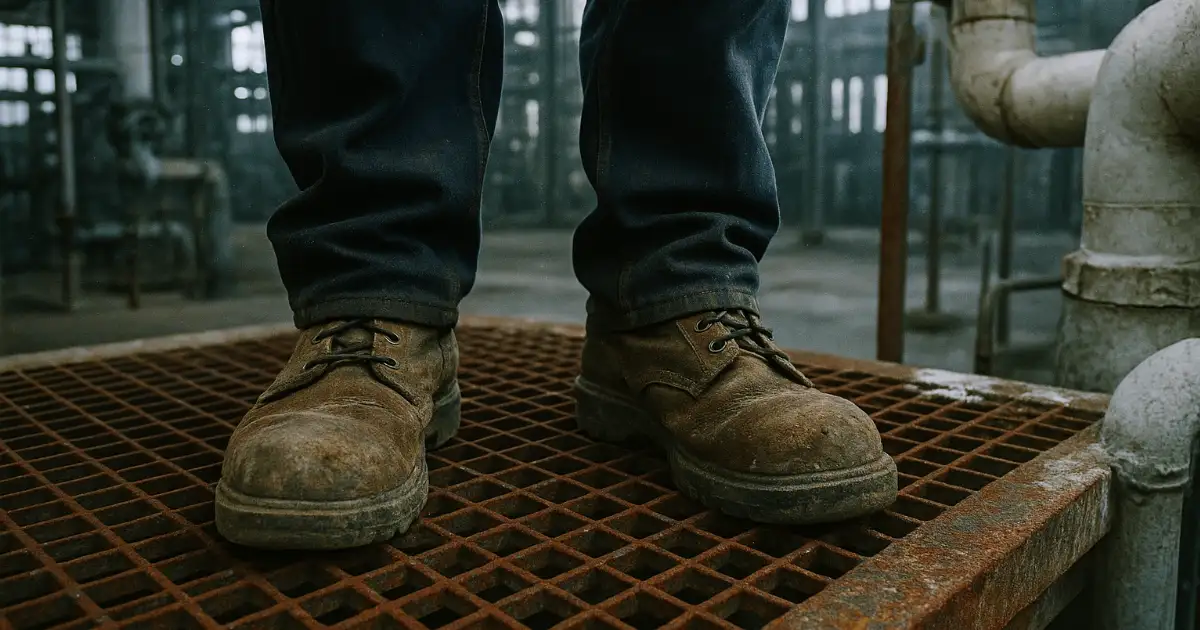Worn work boots on industrial refinery grate with asbestos dust visible