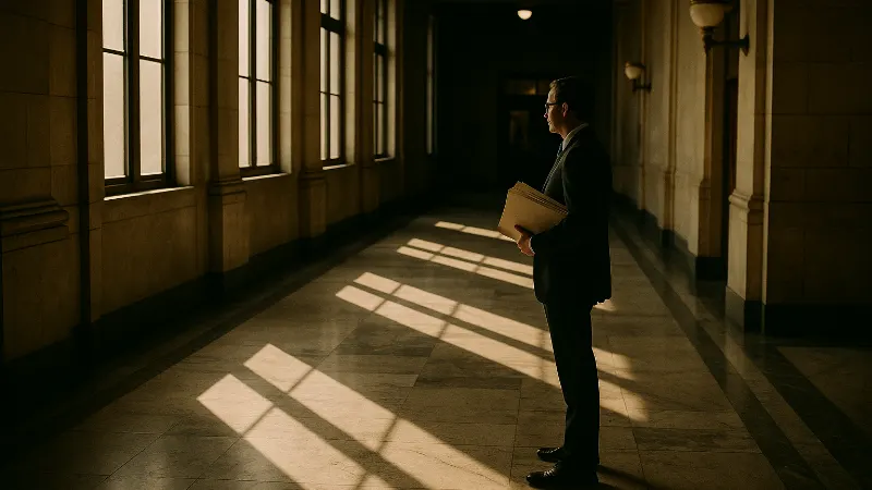 Attorney with case files standing in courthouse hallway with geometric window shadows