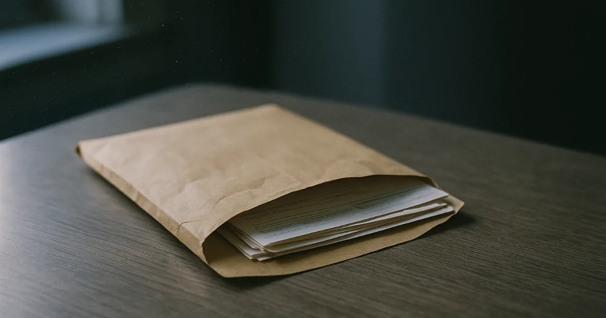 Worn manila envelope on kitchen table with documents inside, morning light