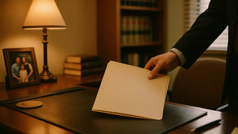 Attorney at desk from behind, warm office light on case files and aged furniture