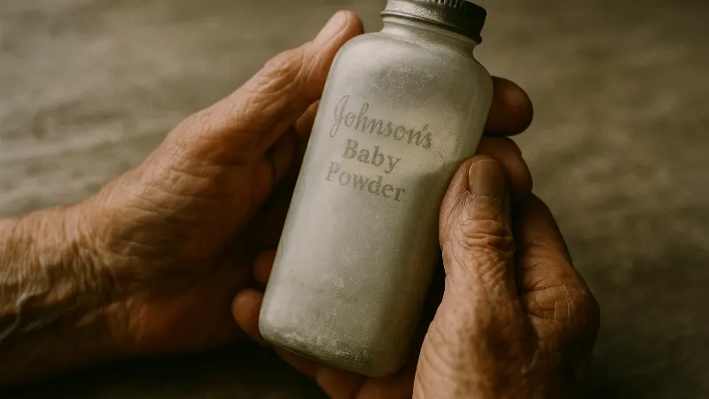 Aged hands holding weathered Johnson's Baby Powder bottle, close-up detail