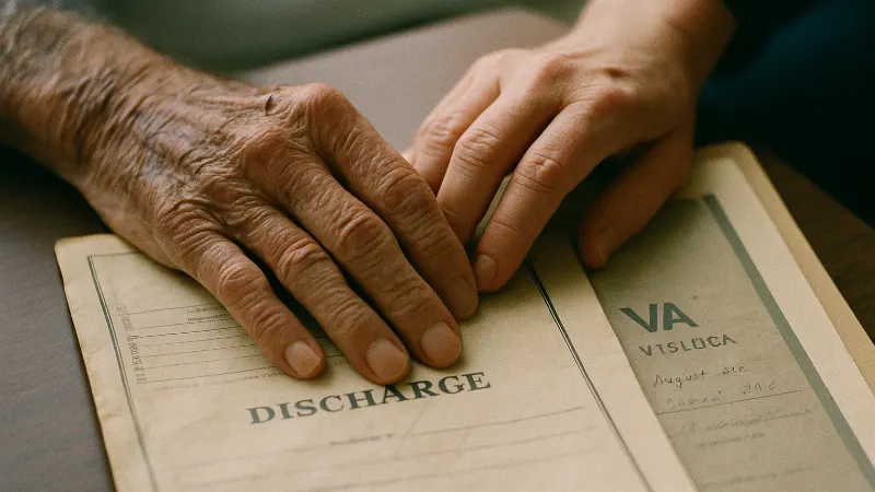 Weathered hands of veteran and family member together hold folded military discharge paper and VA medical file with