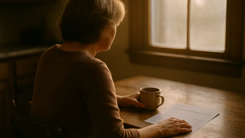 Hands open official documents at wooden table in warm light, mug and tissues nearby, advisor in soft focus behind