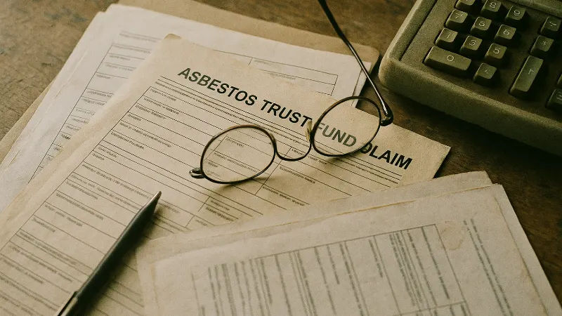 Overhead view of legal documents, reading glasses, and pen on weathered wooden desk