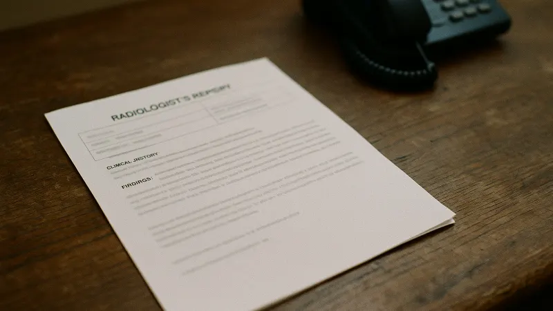 Clinical documents rest on an aged wooden desk in a general practitioner's office with telephone nearby