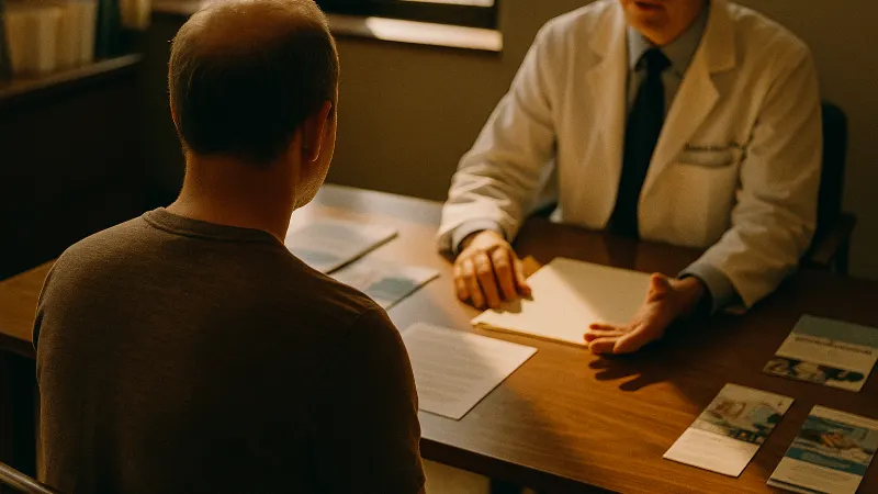 Patient sits across from specialist in warm consultation room, hands and gestures visible, conveying expert guidance and