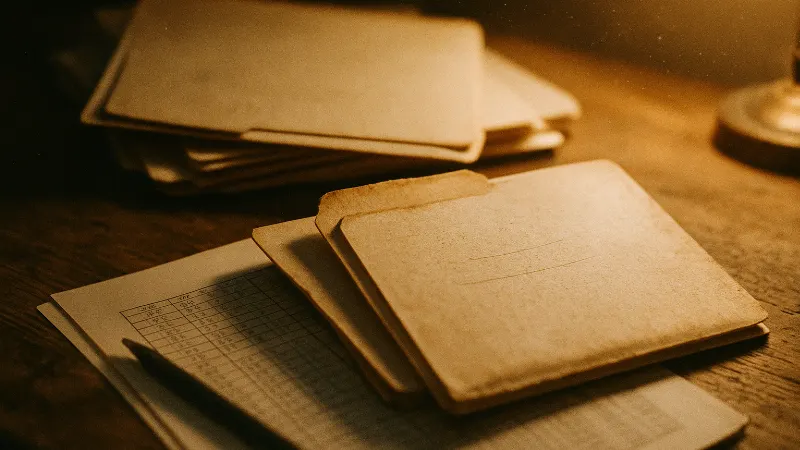 Aged file folders and research papers on wooden desk with warm side lighting and dust