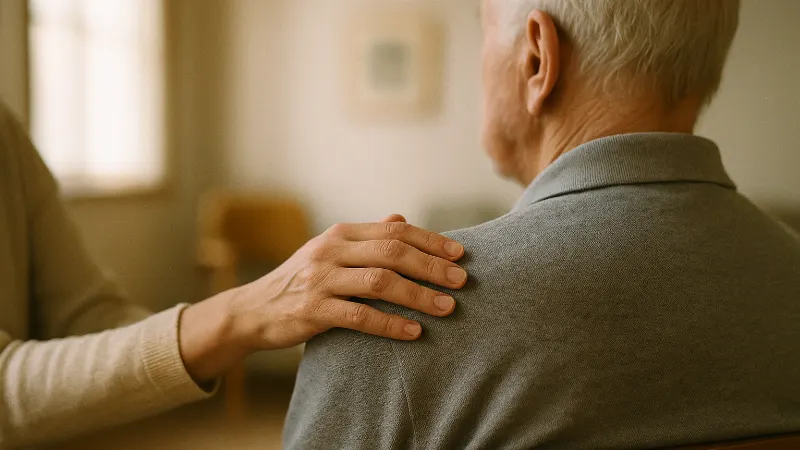 Daughter's hand on father's shoulder in quiet consultation room, warm soft light