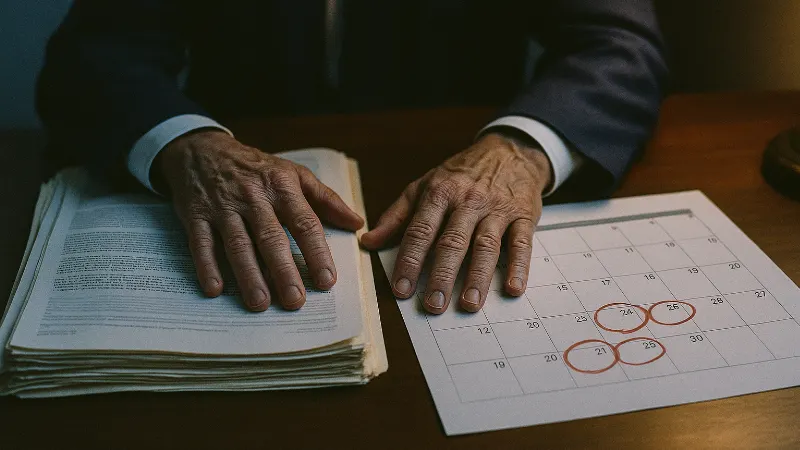 Lawyer's hands reviewing case file with circled deadline dates on wall calendar, cool office light